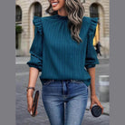 Trendsi mock neck blouse for travel in teal with ruffle details and pleated design