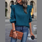 Trendsi Women's Mock Neck Blouse for Travel with Ruffle Sleeves and Pleated Design in Teal Color