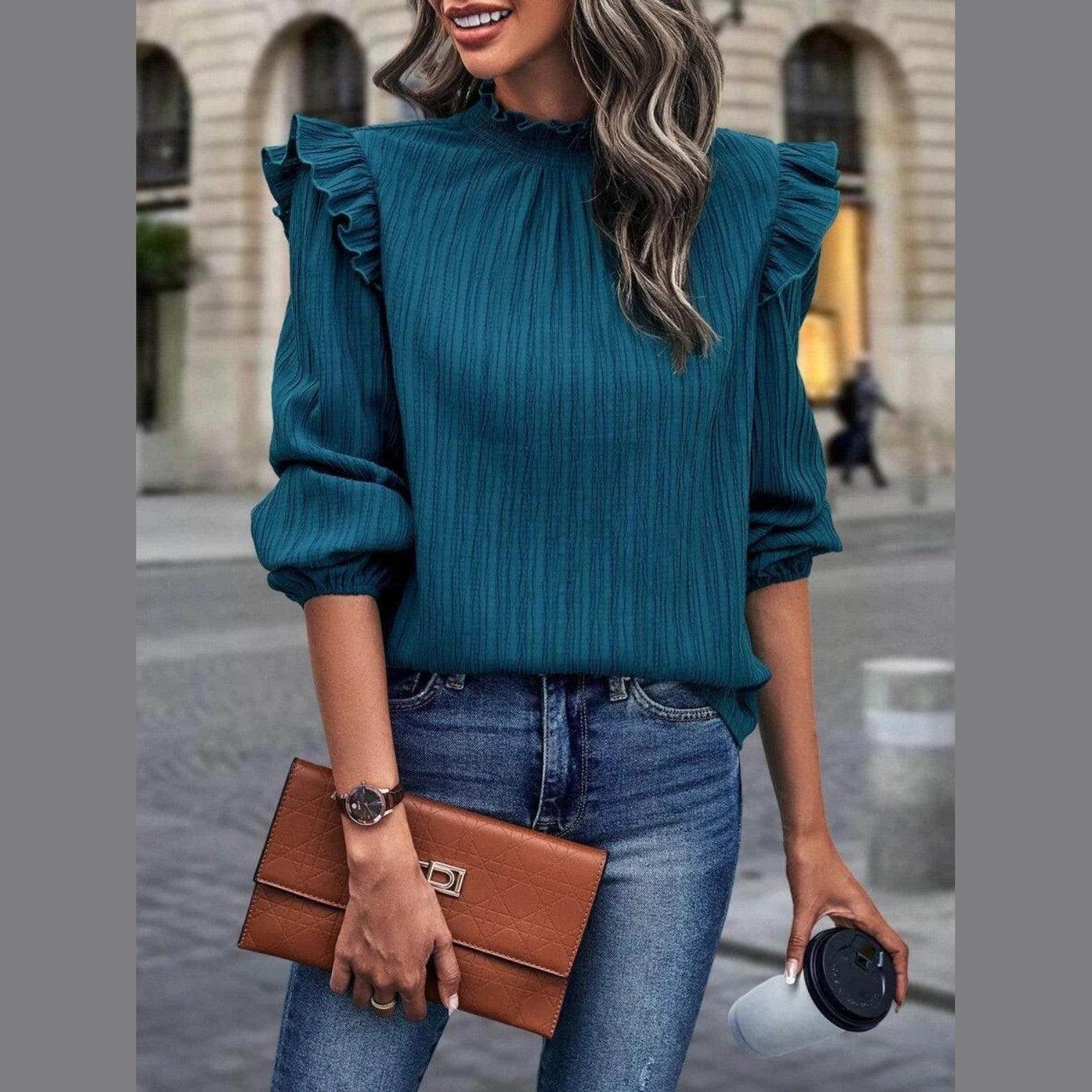 Trendsi Women's Mock Neck Blouse for Travel with Ruffle Sleeves and Pleated Design in Teal Color