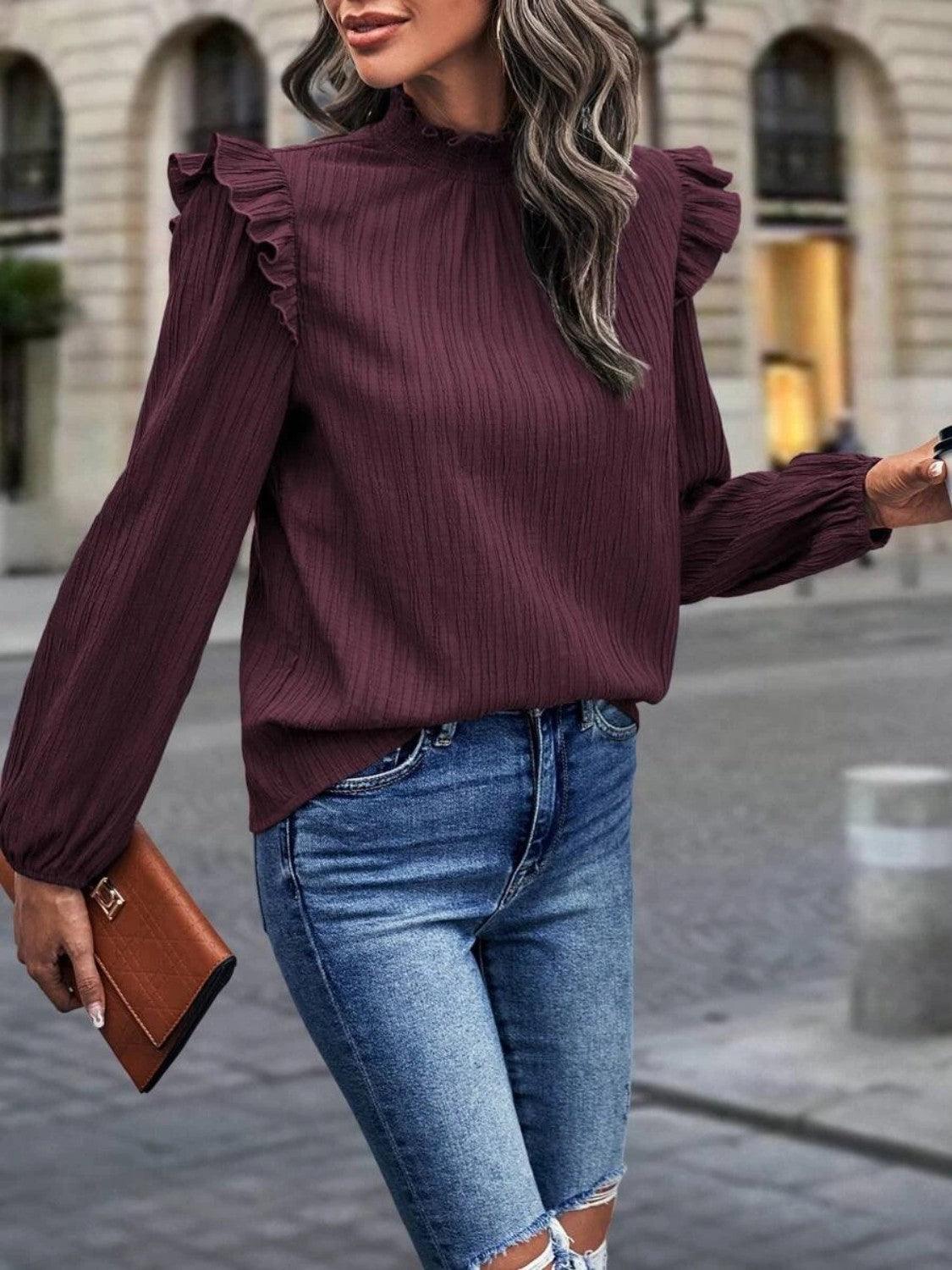 Women's Shirts Mock Neck Ruffle Shoulder Blouse