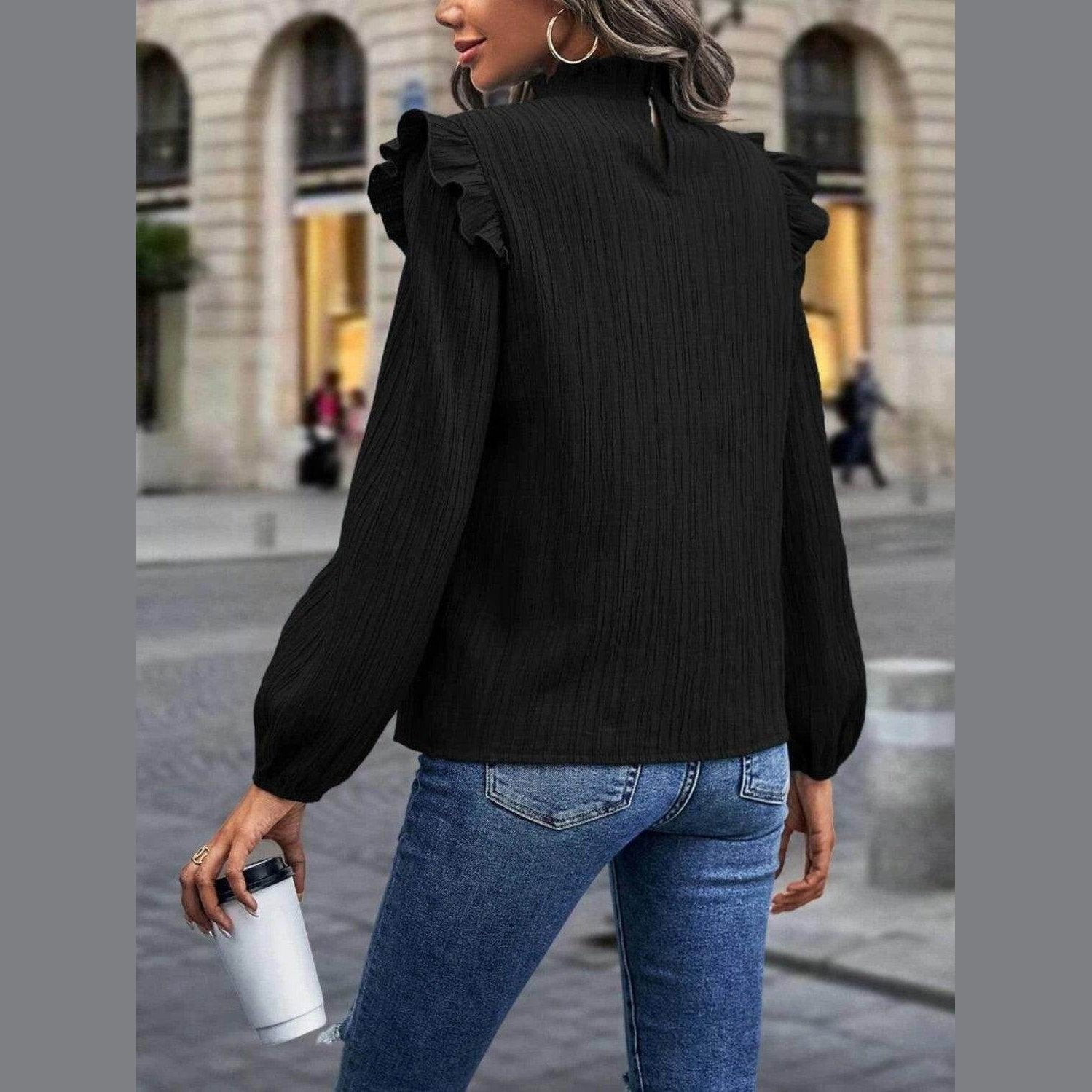 Mock Neck Ruffle Shoulder Blouse - VacationGrabs