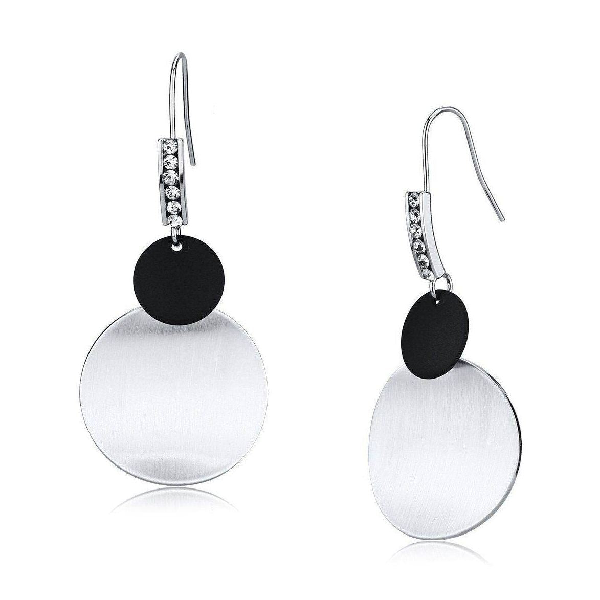 VacationGrabs modern geometric dangle earrings featuring silver and black circular design with sparkle detail