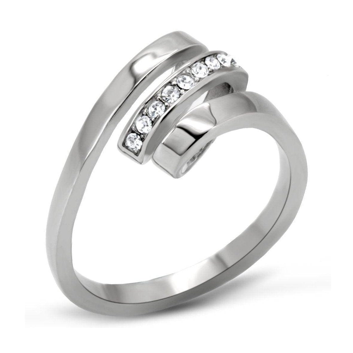 Modern silver fashion ring for women featuring dual bands and sparkling crystals