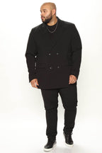 Men's modern slim fit trousers black paired with a stylish double-breasted blazer for a sleek look