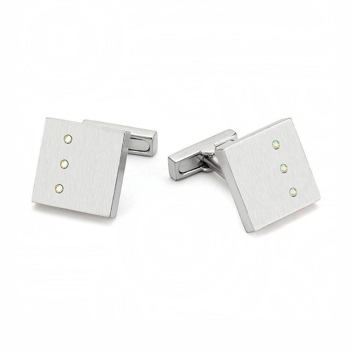 VacationGrabs modern square cufflinks for men featuring a sleek brushed finish and three decorative stones