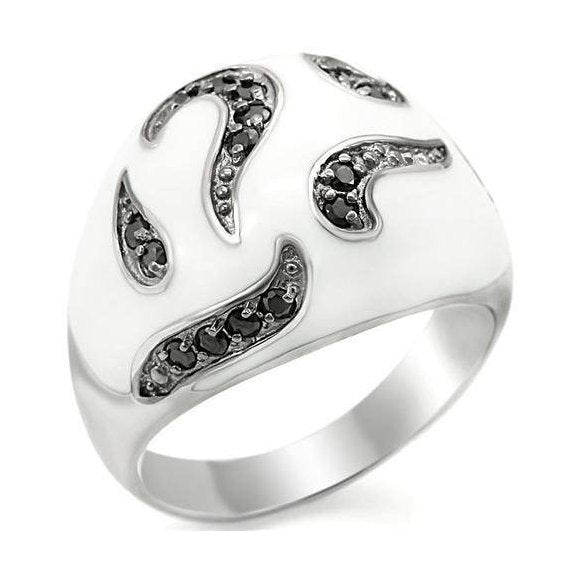Modern sterling silver cocktail ring featuring artistic wave designs and sparkling black accents