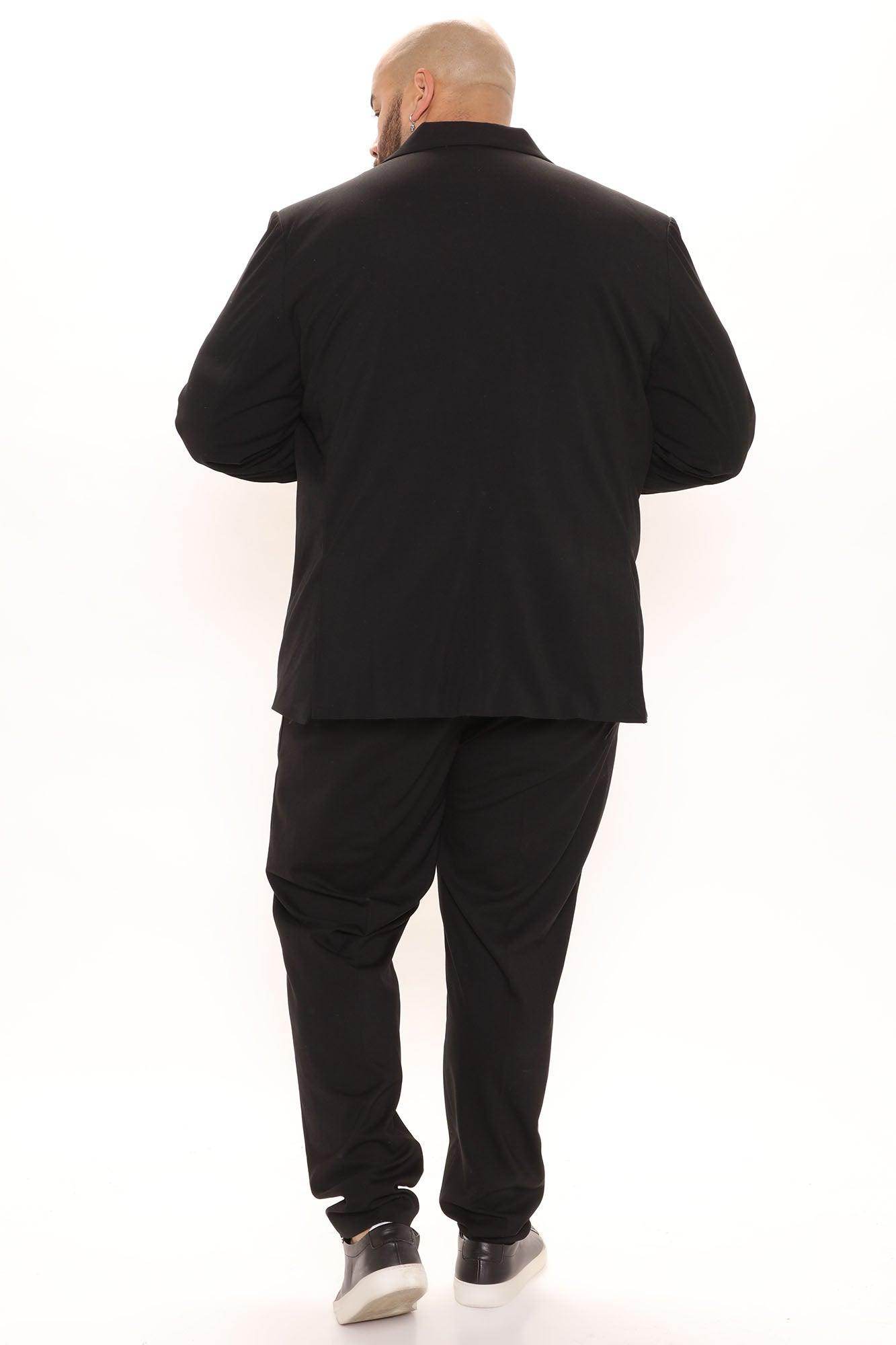 Back view of modern suit jacket for men in black, designed for a tailored fit and stylish appearance