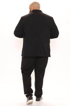 Back view of modern suit jacket for men in black, designed for a tailored fit and stylish appearance