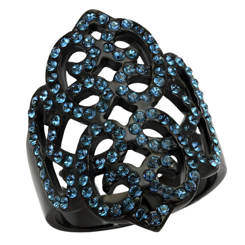 Montana Queen ring featuring intricate black design with blue crystal accents for a stunning look