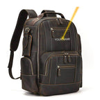 Multipocket travel backpacks in brown leather with customizable name feature and multiple storage compartments