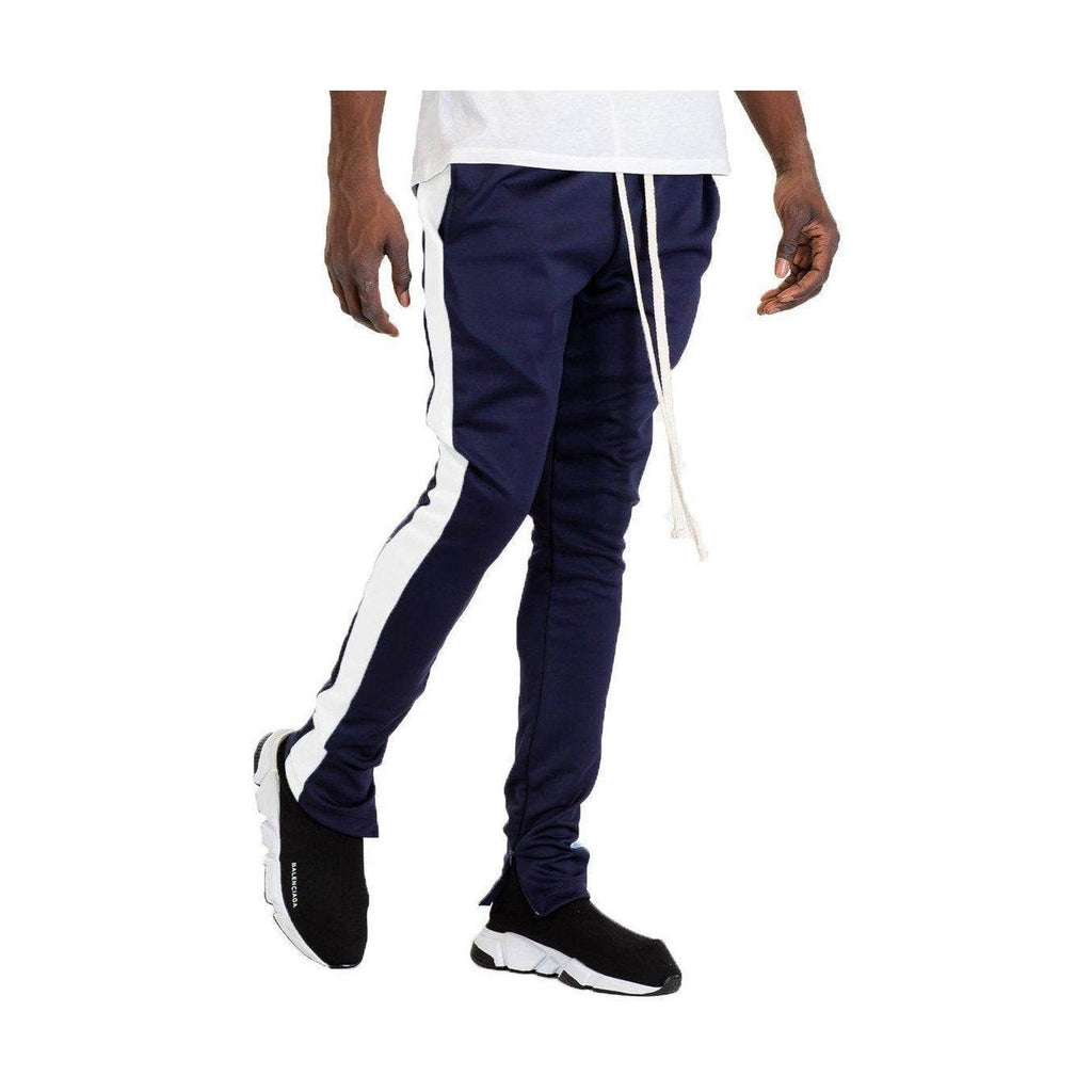 Navy white track pants mens with stylish side stripes and comfortable fit for active wear