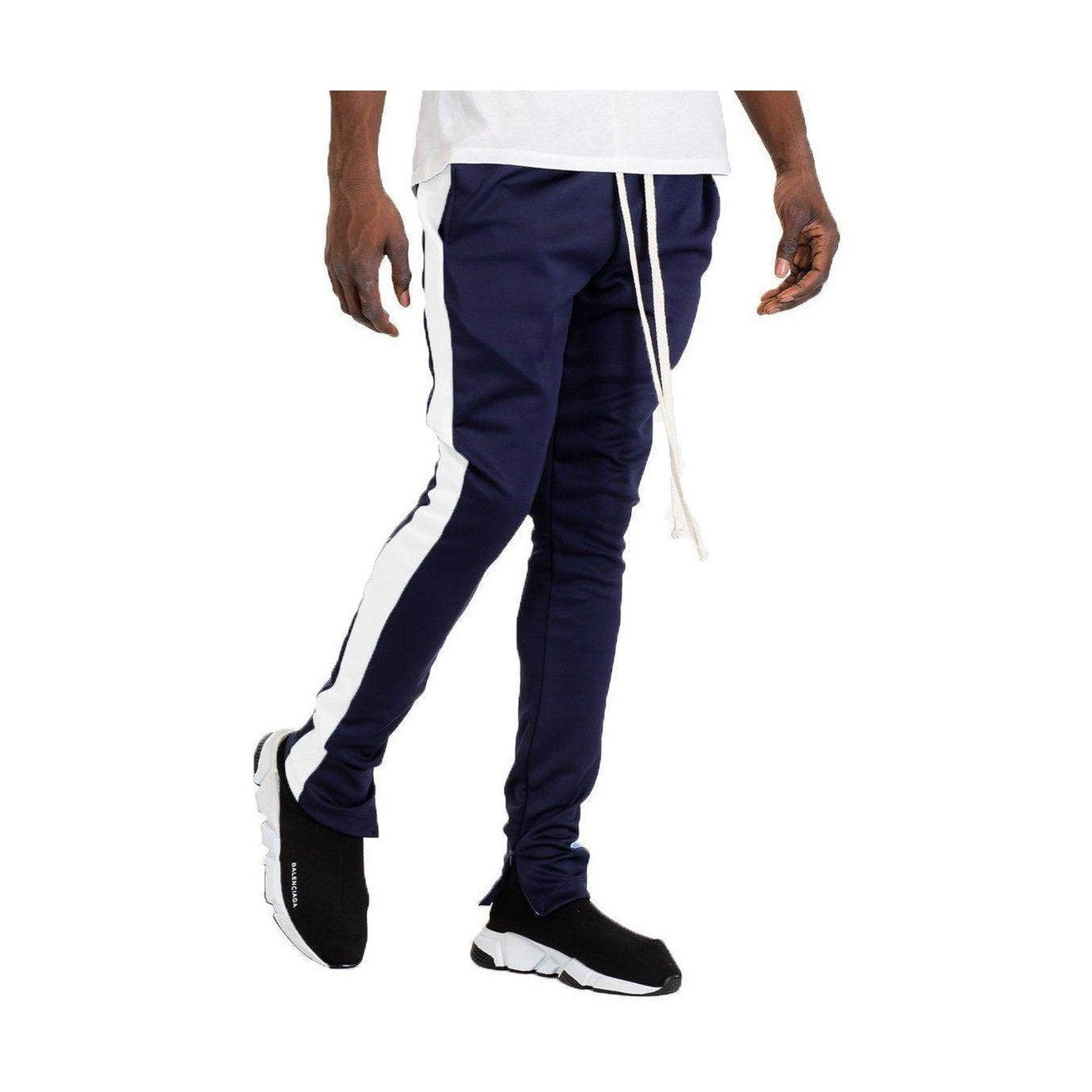 Navy white track pants mens with stylish side stripes and comfortable fit for active wear