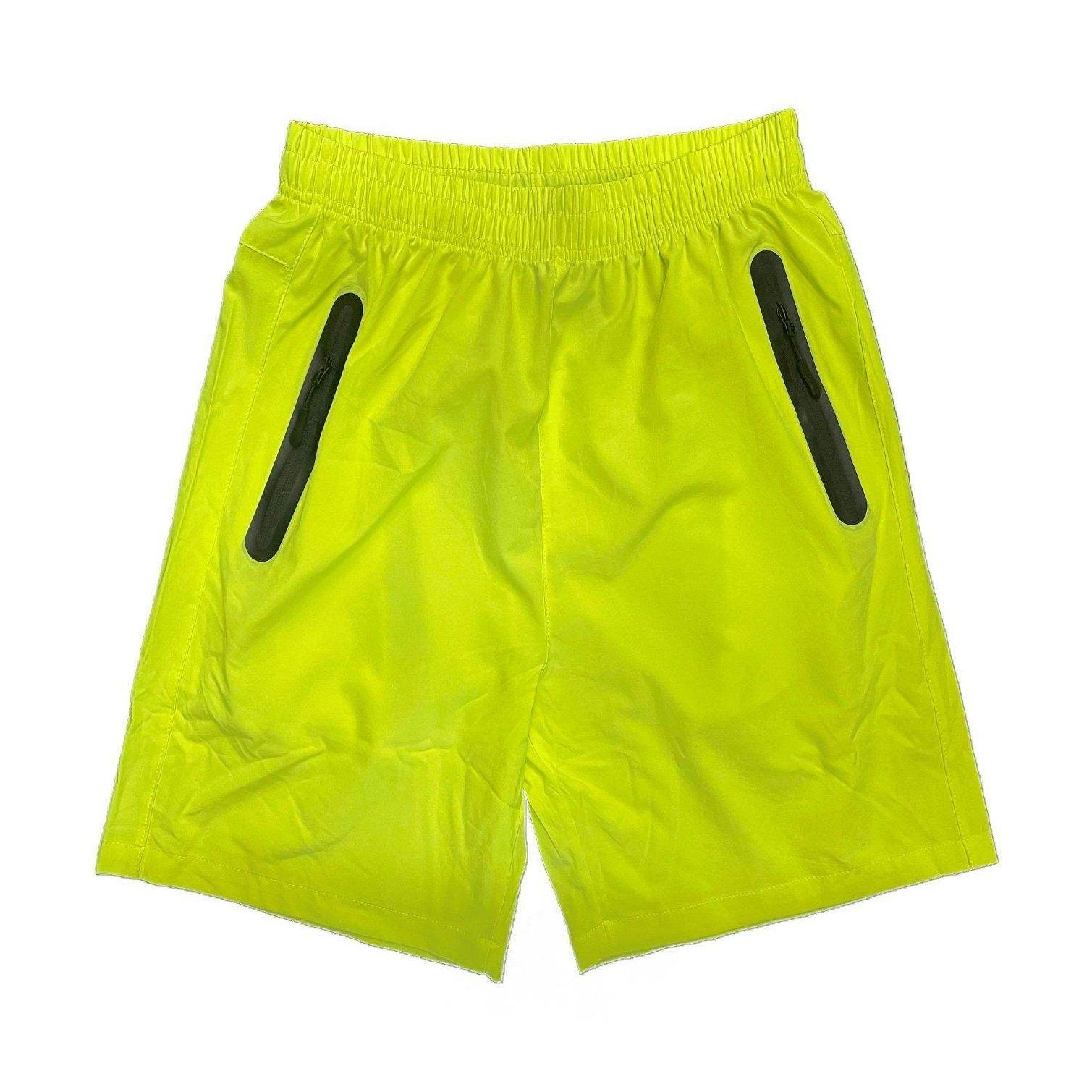 Men's neon yellow running shorts with side pockets for comfort and style during workouts