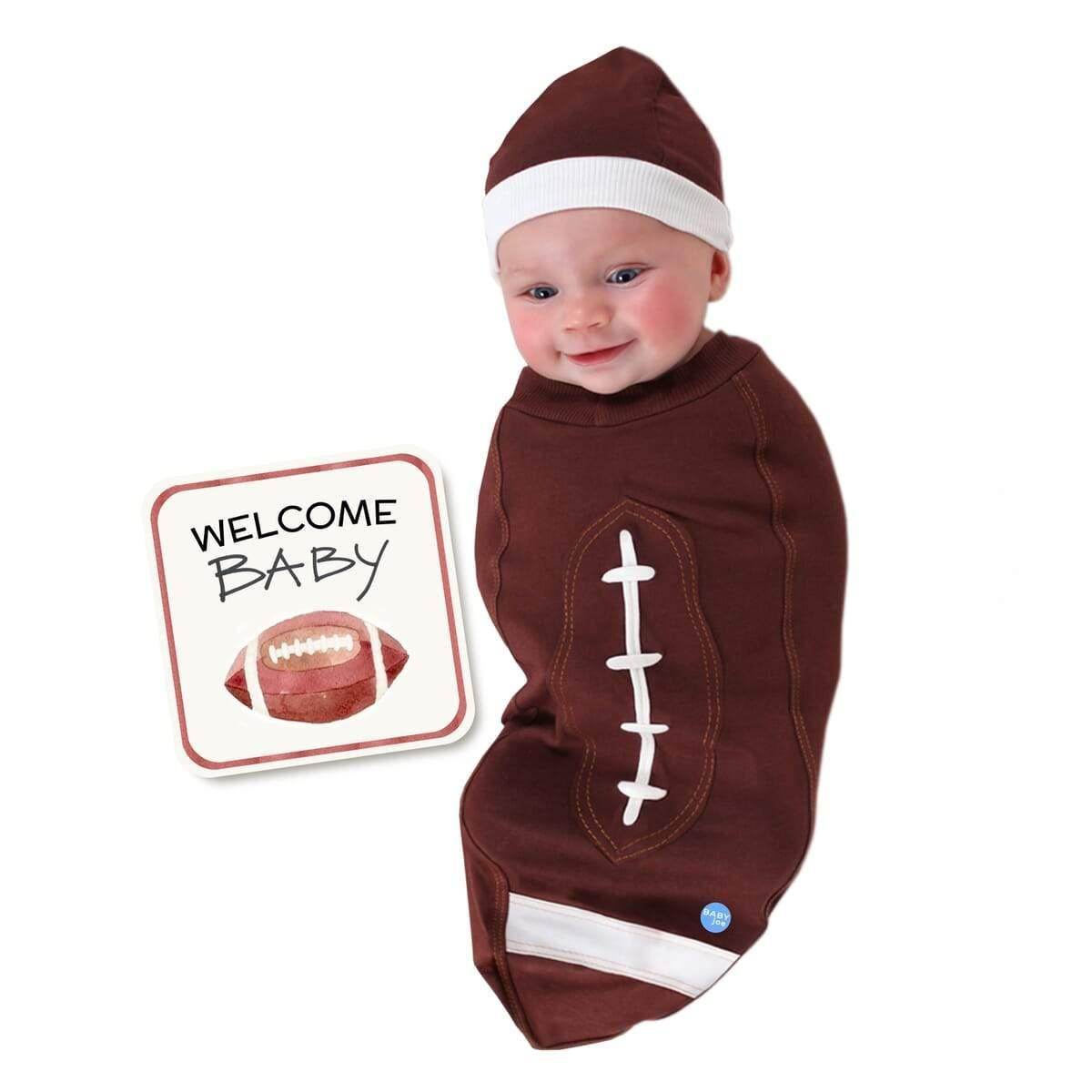 Cute newborn football outfit in brown with white accents perfect for baby boys and girls