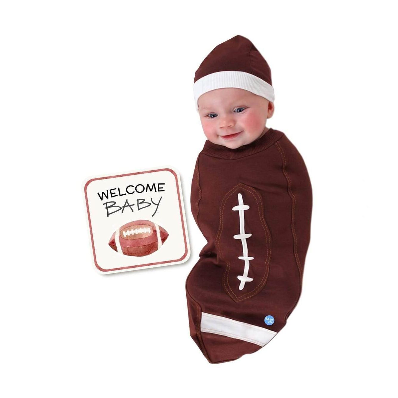 Cute newborn football outfit in brown with white accents perfect for baby boys and girls