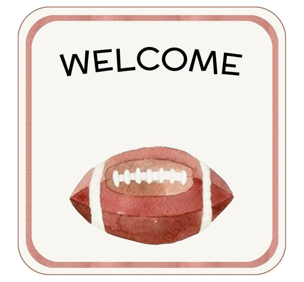 Cute welcome sign featuring a watercolor football, perfect for a newborn football outfit theme