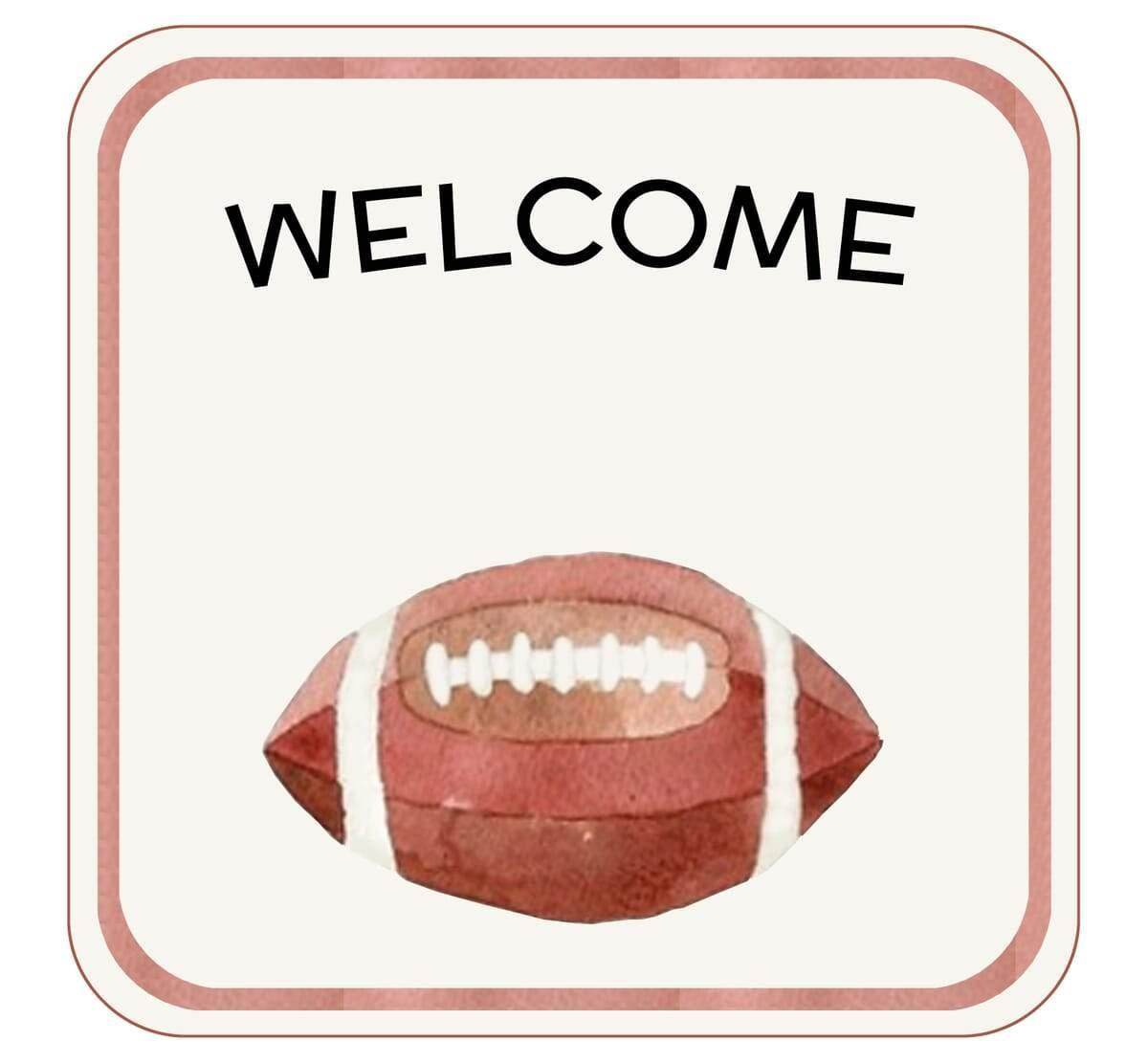 Cute welcome sign featuring a watercolor football, perfect for a newborn football outfit theme