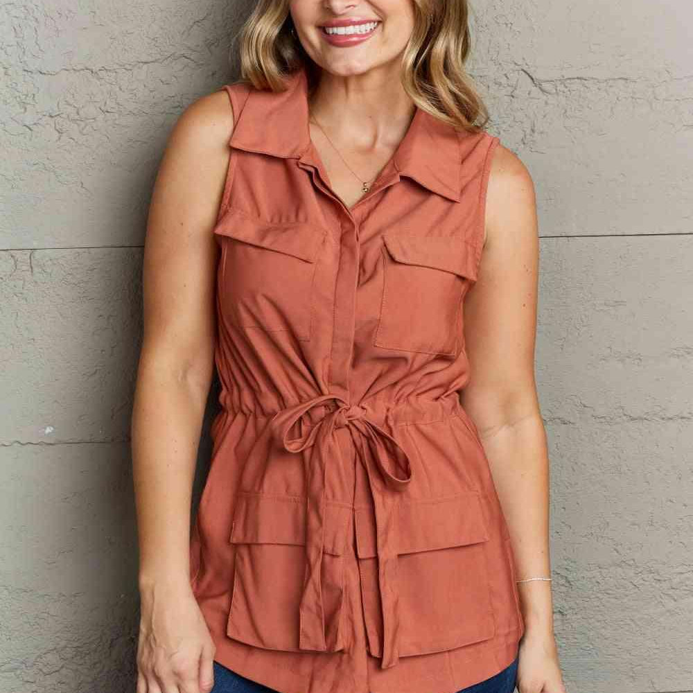 Women's Shirts Sleeveless Collared Button Down Red Top