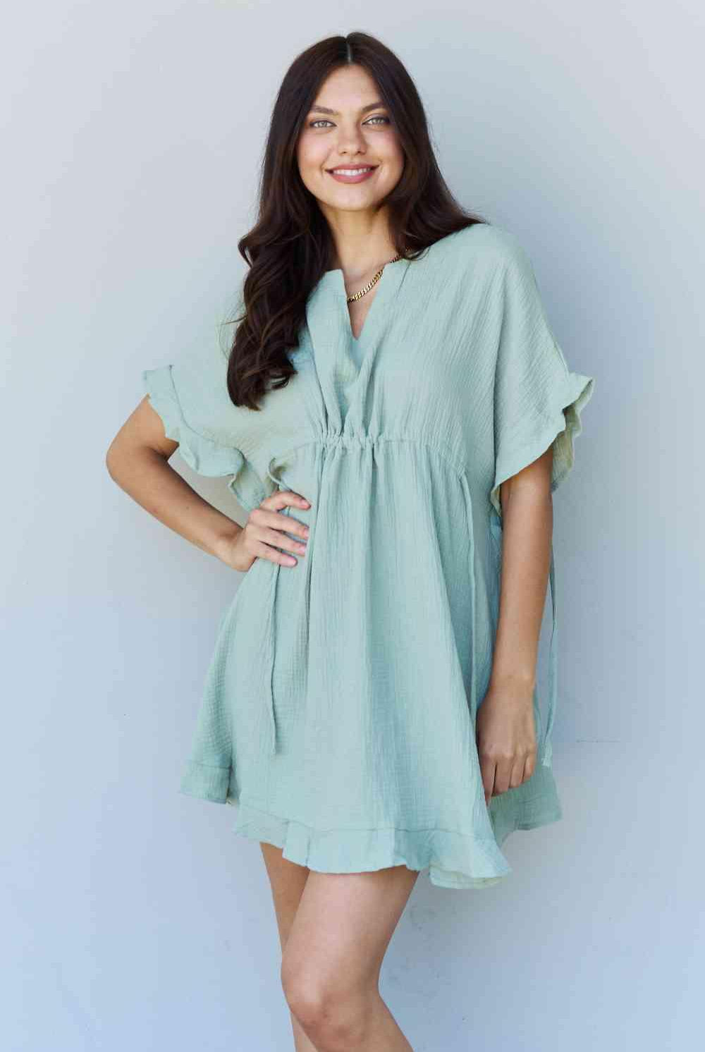 Women's Dresses Ninexis Out Of Time Full Size Ruffle Hem Dress with Drawstring Waistband in Light Sage