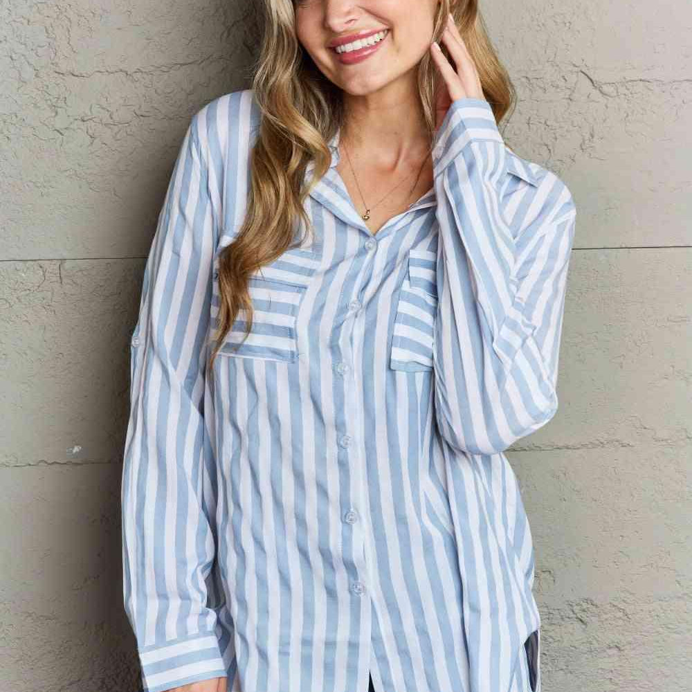 Women's Shirts Collared Button Down Striped Shirt
