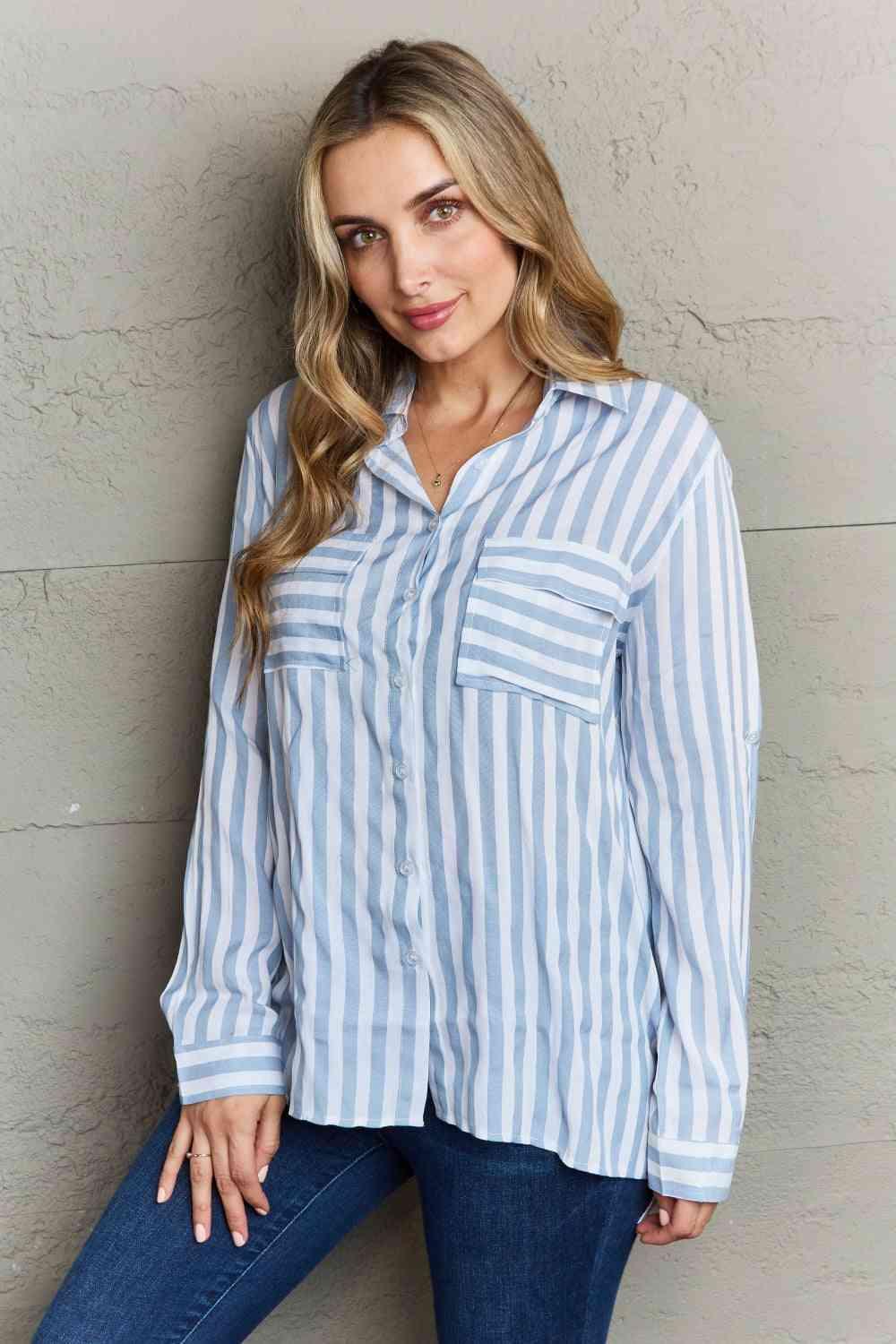 Women's Shirts Collared Button Down Striped Shirt