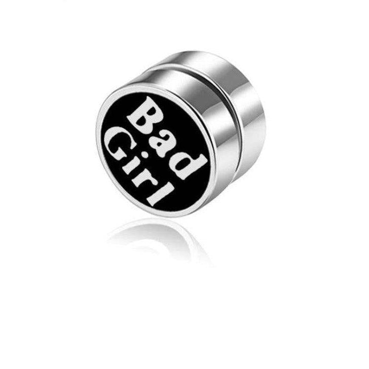 VacationGrabs non-pierced earrings studs in silver with a black 'Bad Girl' design for a stylish look