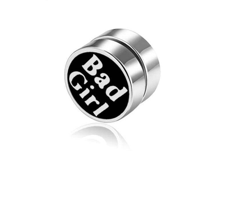 VacationGrabs non-pierced earrings studs in silver with a black 'Bad Girl' design for a stylish look