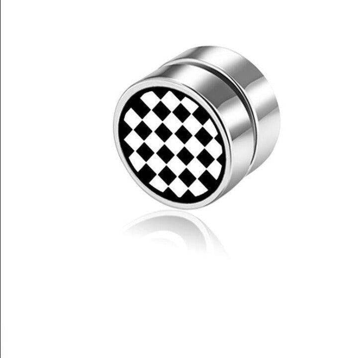 Stylish non-pierced earrings studs in a black and white checkerboard design for men