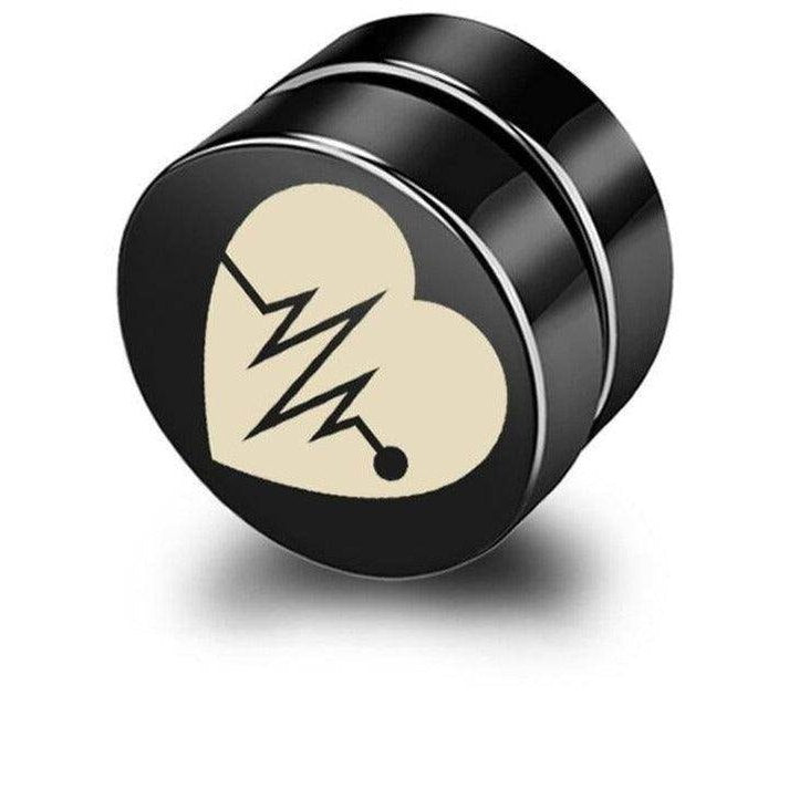 Black non-pierced earrings studs featuring a heart and heartbeat design for stylish men