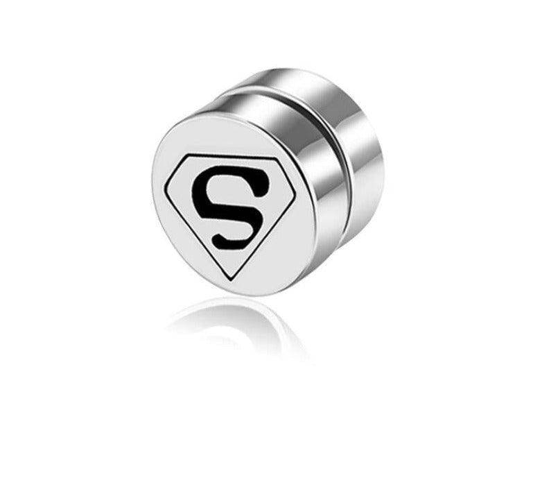 Silver non-pierced earrings studs featuring a Superhero logo for stylish men