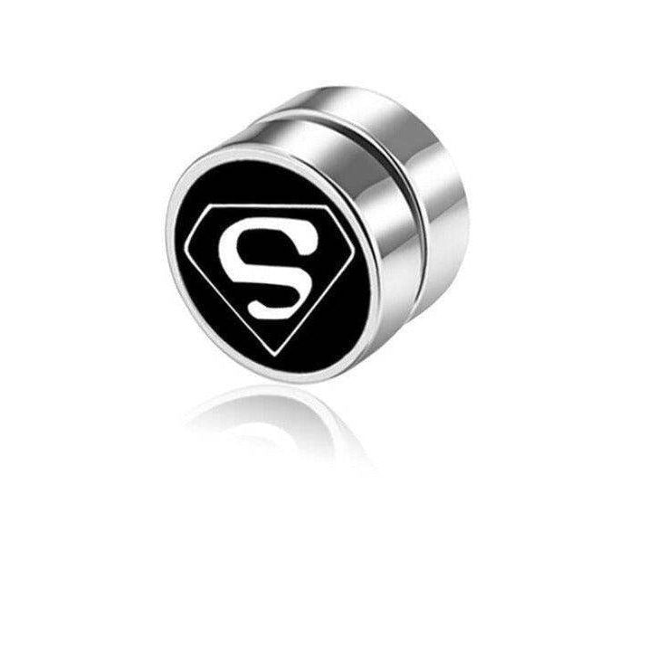Stylish non-pierced earrings studs with a black and silver superhero emblem design