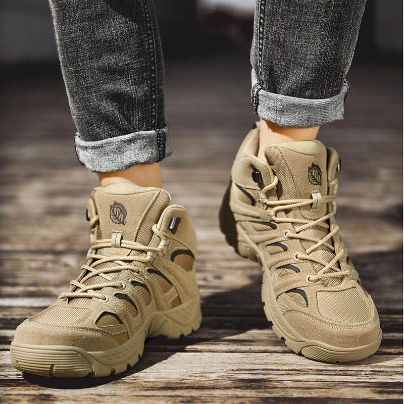 Men's non-slip tactical ankle boots in tan with durable design for outdoor activities