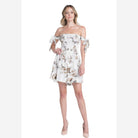 Ivory Felix off shoulder floral romper with tie sleeves and flowy design for summer styles
