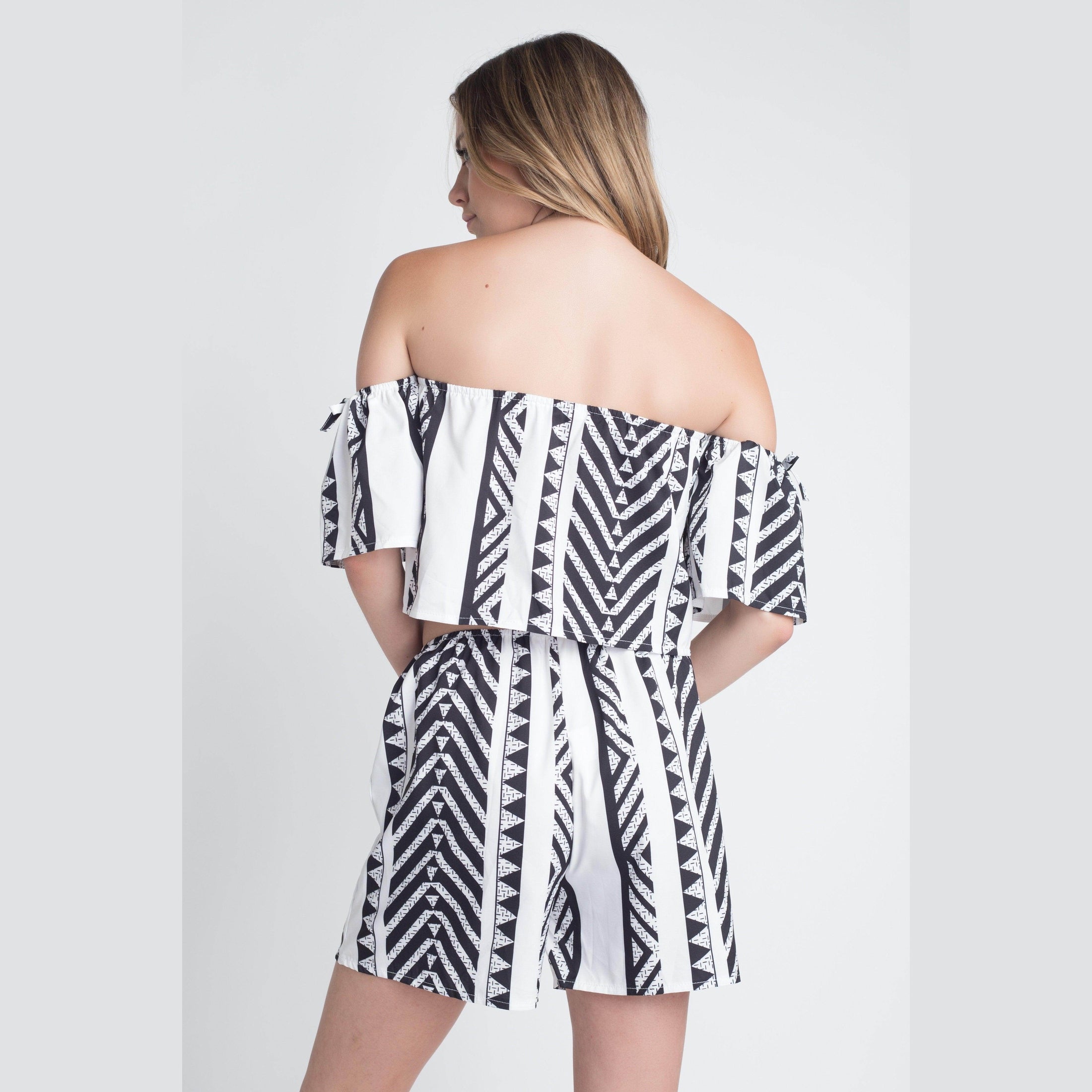 Ivory Felix off shoulder short set featuring a stylish striped pattern and comfortable fit
