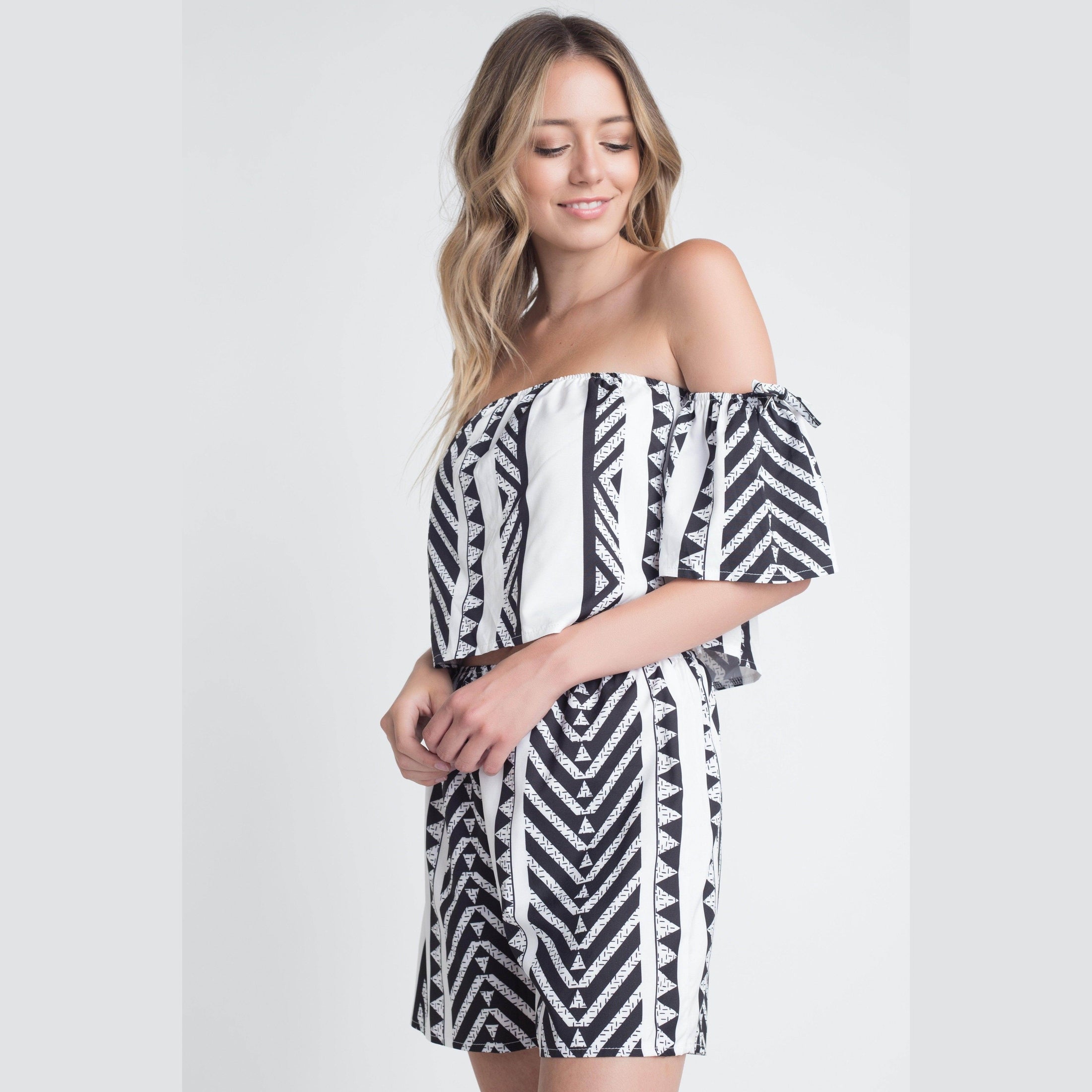 Ivory Felix off shoulder short set in striped pattern for a stylish summer look
