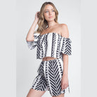 Ivory Felix off shoulder short set featuring a stylish cropped top and matching patterned shorts