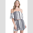 Ivory Felix off shoulder short set featuring a stylish black and white geometric pattern