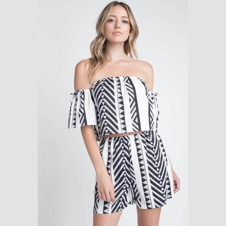 Ivory Felix off shoulder short set with patterned top and matching shorts for a stylish summer look