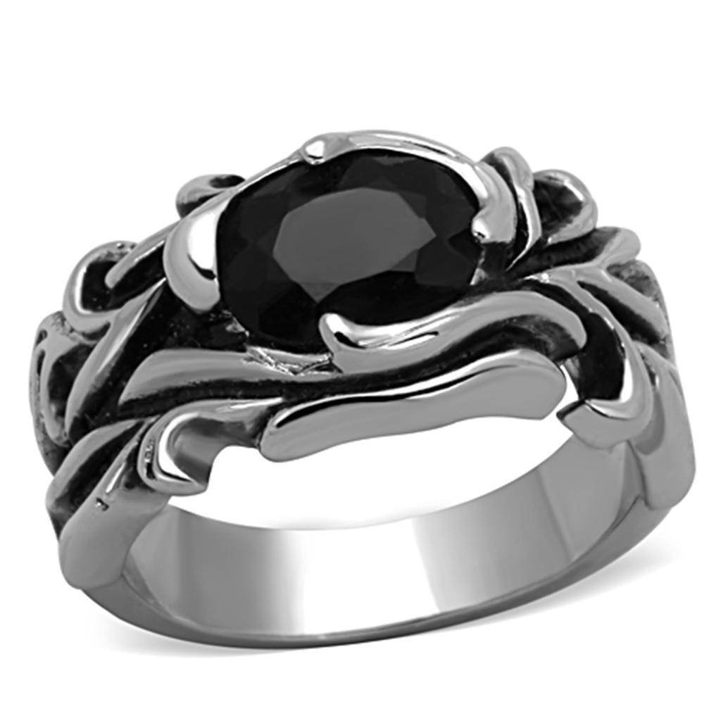 Men's onyx stainless steel jewelry ring featuring an intricate design and a polished finish
