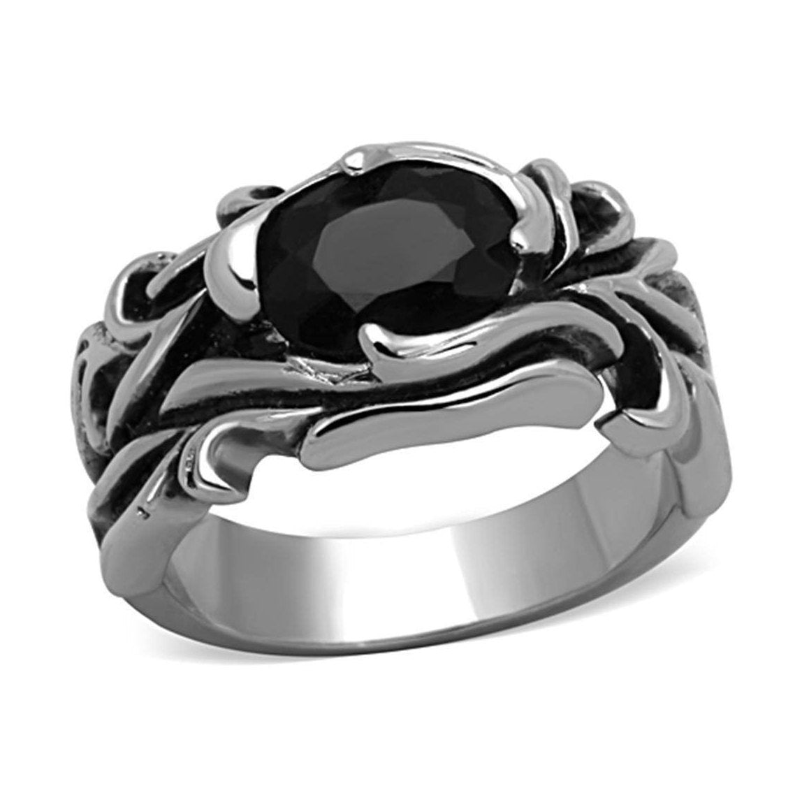 Men's onyx stainless steel jewelry ring featuring an intricate design and a polished finish