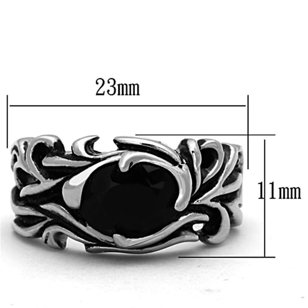 Men's onyx stainless steel jewelry ring with intricate design and measuring 23mm by 11mm