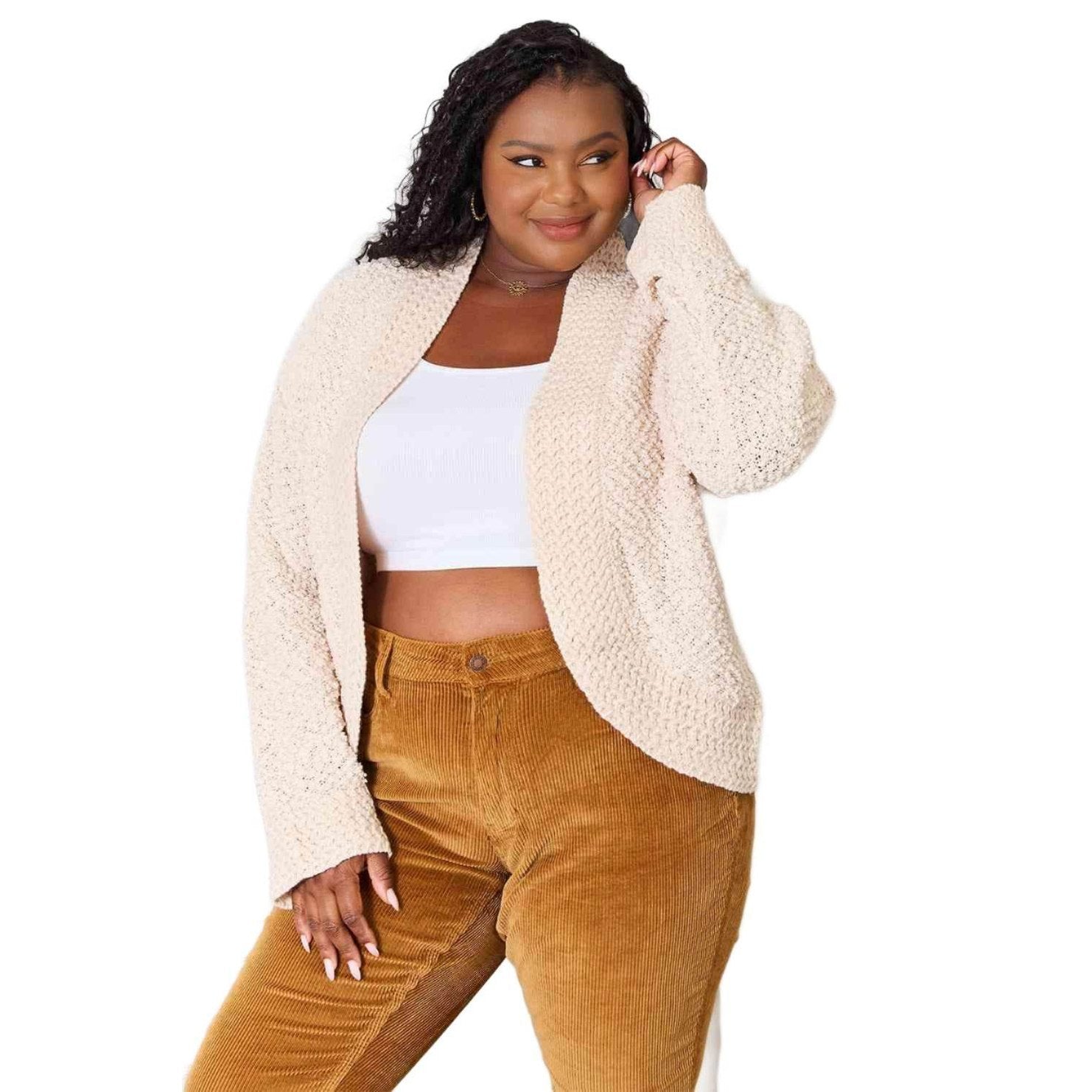Trendsi open front cardigan for travel in soft beige, perfect for layering and comfort on the go