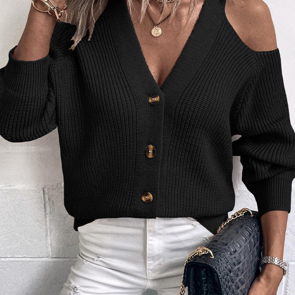 Women's Sweaters - Cardigans Open Shoulder Plunge Neck Ribbed Cardigan