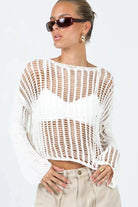 Women's Shirts Openwork Boat Neck Long Sleeve Cover Up