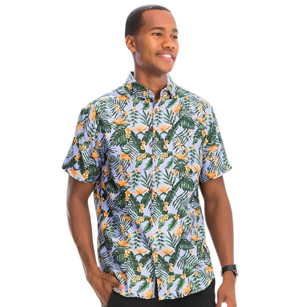 Men's Orange Hawaiian Print Shirt with Tropical Floral and Leaf Patterns for Summer Outings