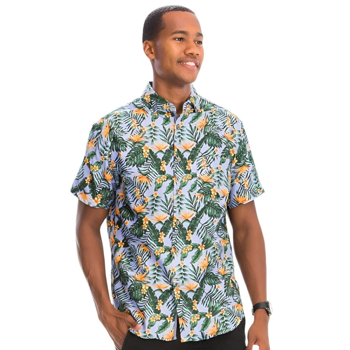 Men's Orange Hawaiian Print Shirt with Tropical Floral and Leaf Patterns for Summer Outings