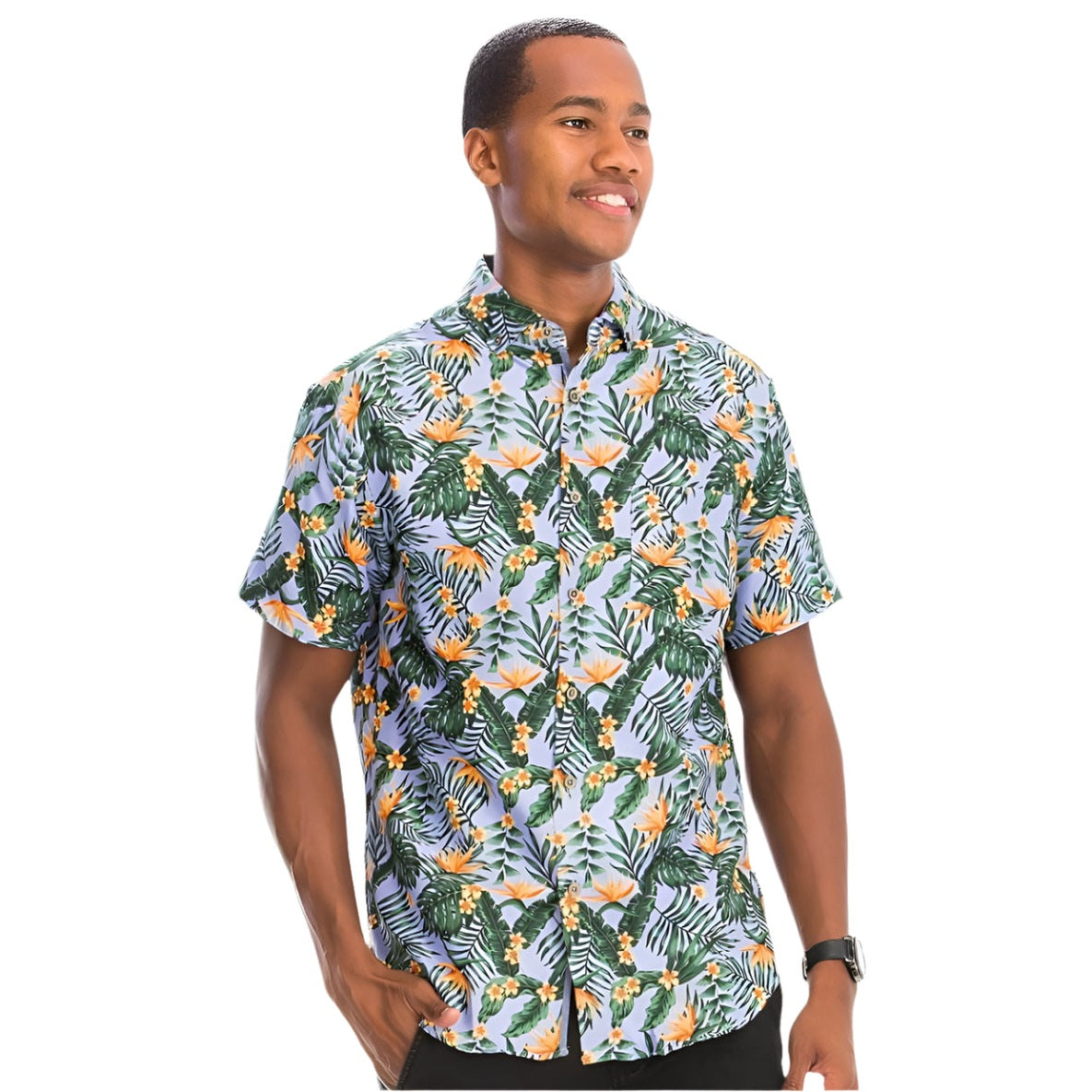 Men's Orange Hawaiian Print Shirt with Tropical Floral and Leaf Patterns for Summer Outings