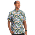 Men's Orange Hawaiian Print Shirt with Tropical Floral and Leaf Patterns for Summer Outings