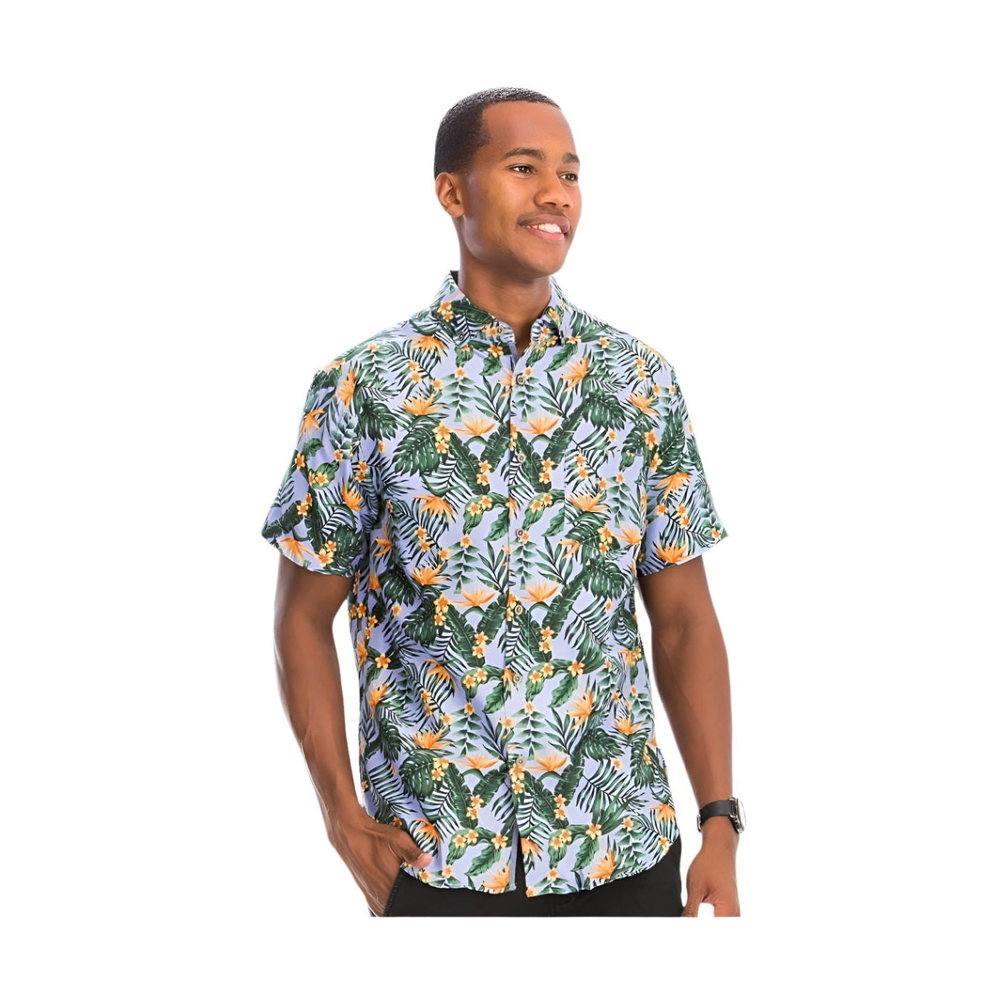 Men's Orange Hawaiian Print Shirt with Tropical Floral and Leaf Patterns for Summer Outings