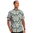 Men's Orange Hawaiian Print Shirt with Tropical Floral and Leaf Patterns for Summer Outings